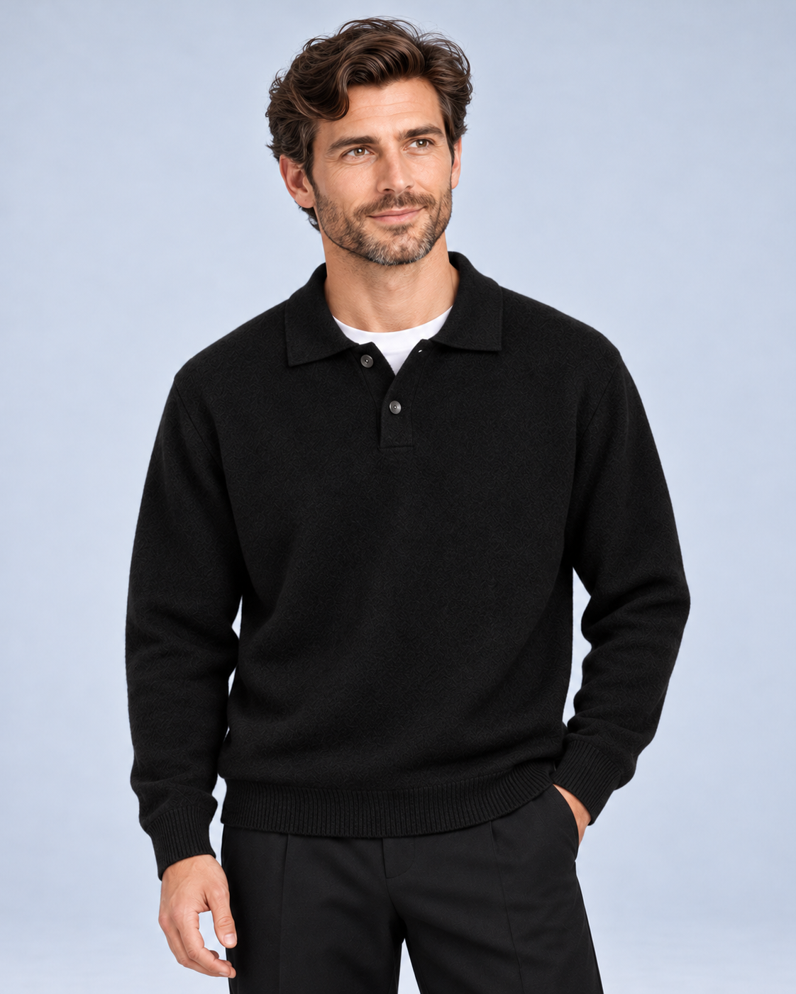 Ellis & Rowe Black collared pullover, front, soft studio photograph