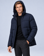 Ellis & Rowe Navy, hood-up-open, soft studio photograph