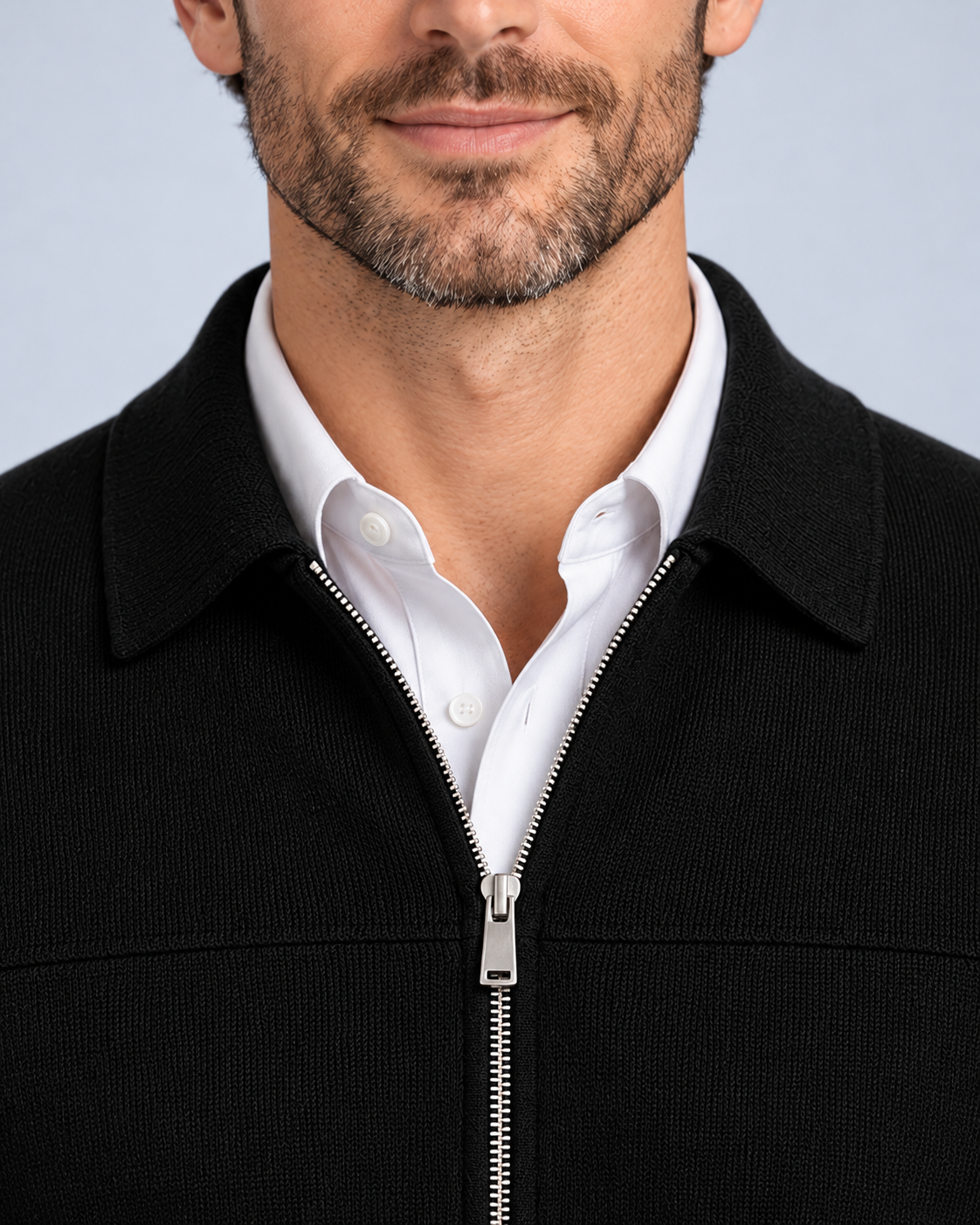 Ellis & Rowe Black, collar-detail, soft studio photograph