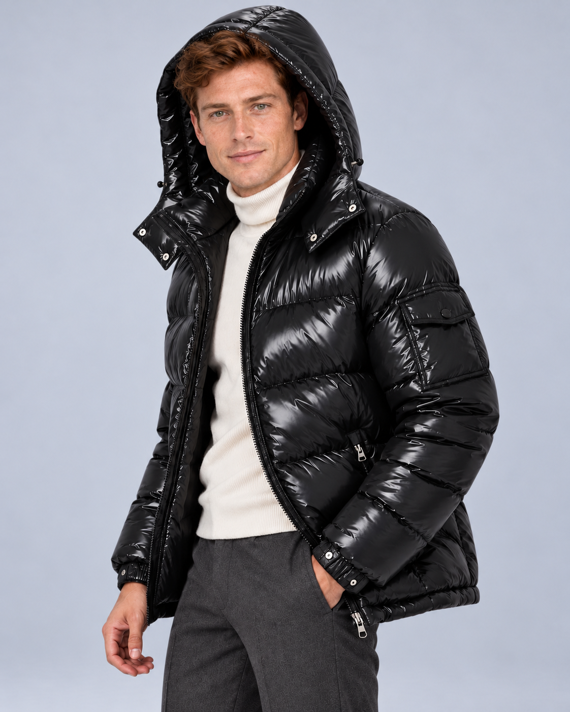 Ellis & Rowe Black, hood-up-open, soft studio photograph