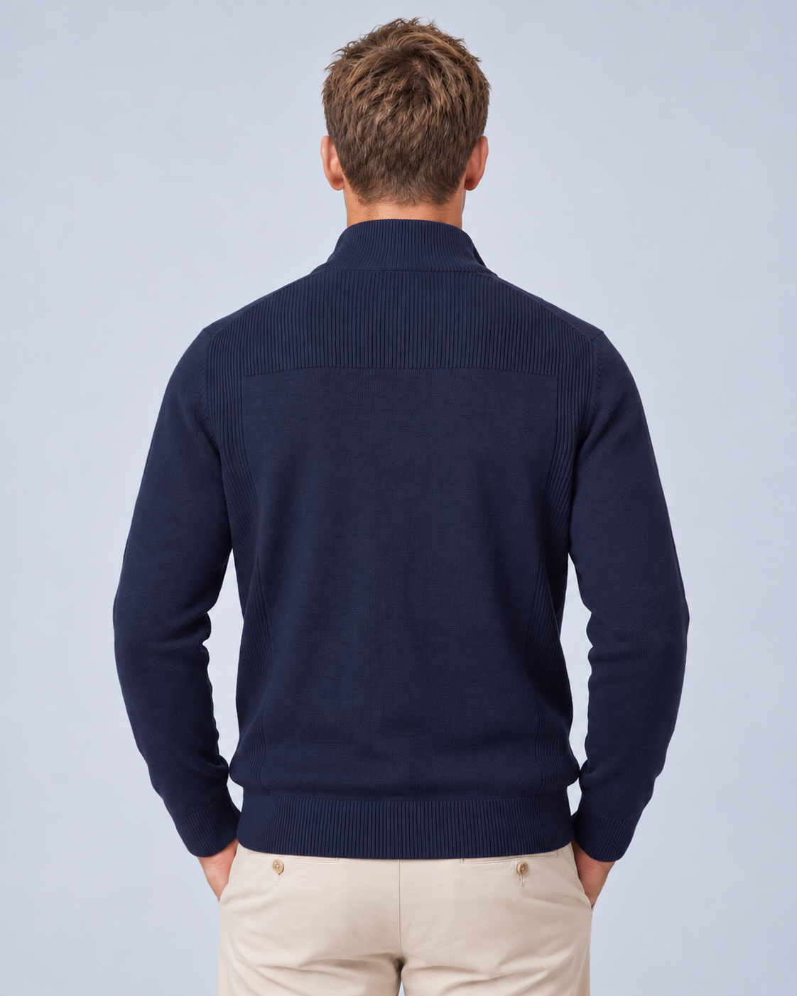 Ellis & Rowe Blue quarter-zip sweater, blue rear, ER-M04 studio photograph