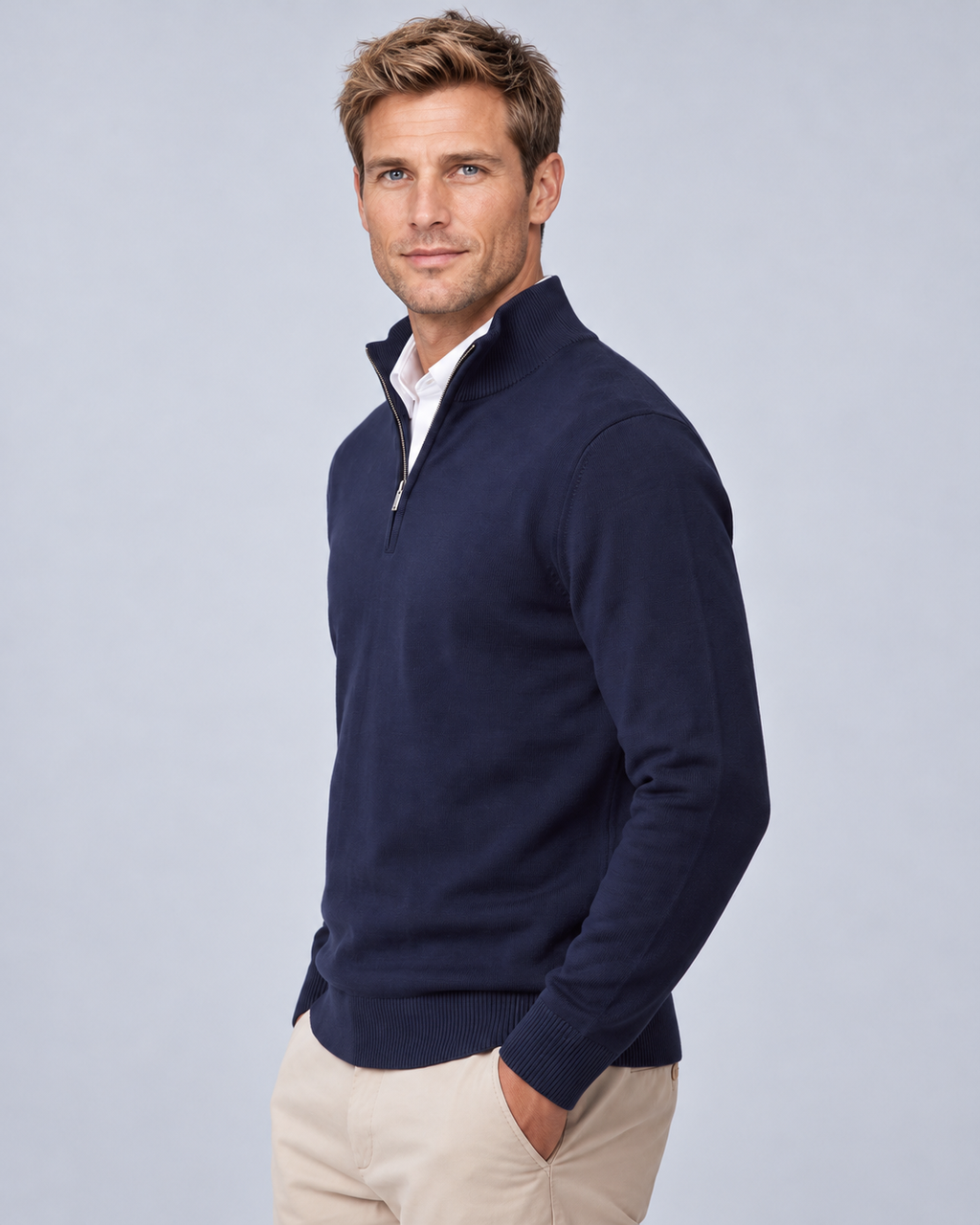 Ellis & Rowe Blue quarter-zip sweater, blue angle, ER-M04 studio photograph