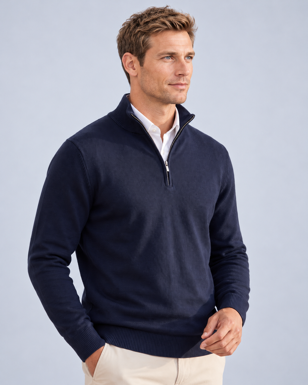 Ellis & Rowe Blue quarter-zip sweater, blue relaxed, ER-M04 studio photograph
