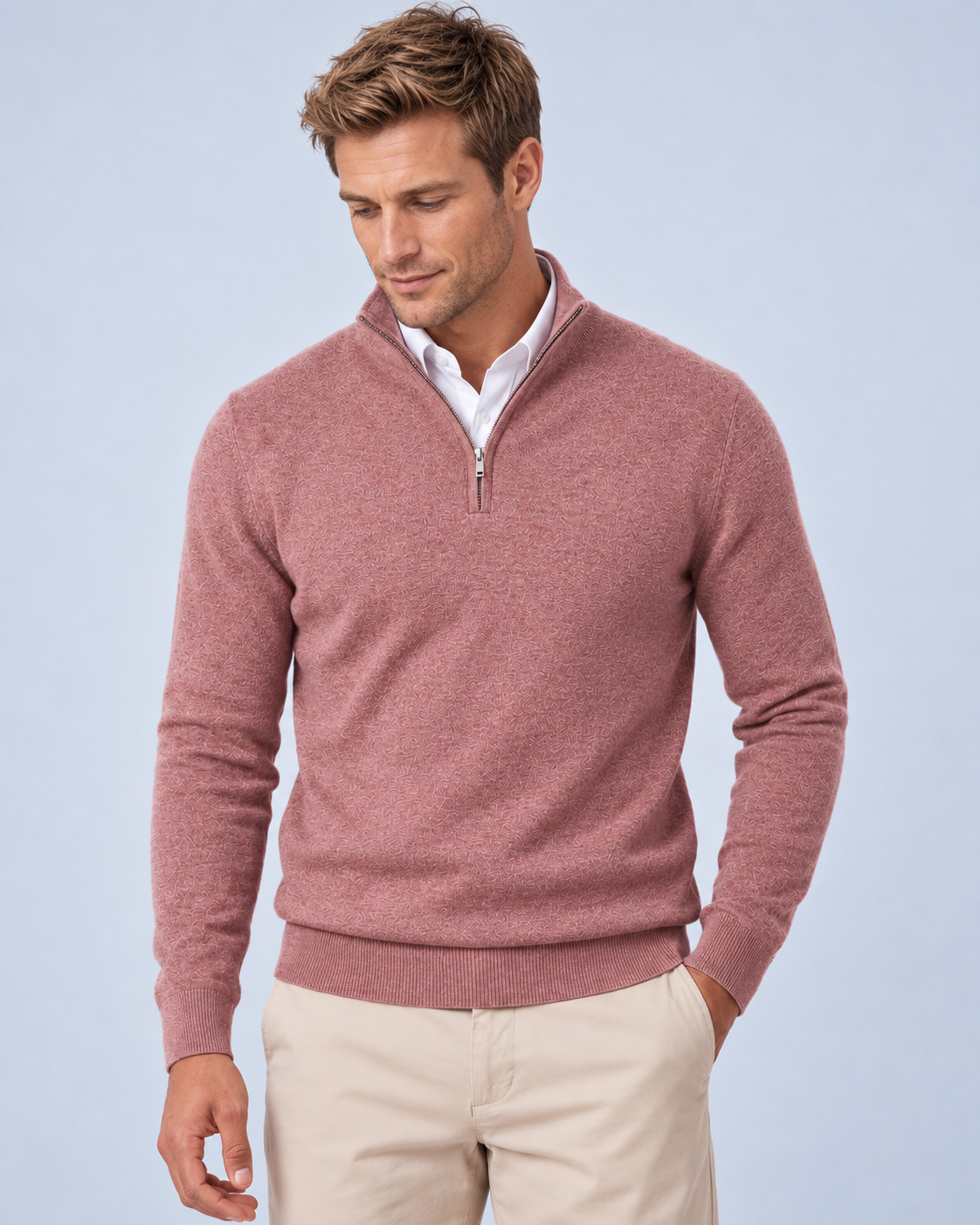 Ellis & Rowe Pink quarter-zip sweater, pink front, ER-M04 studio photograph