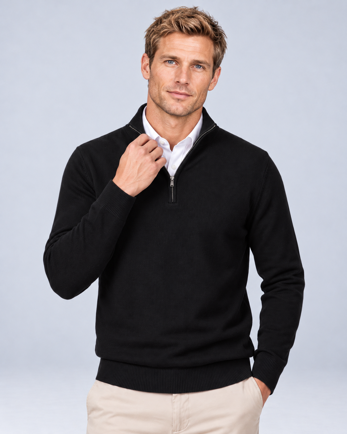 Ellis & Rowe Black quarter-zip sweater, black front, ER-M04 studio photograph