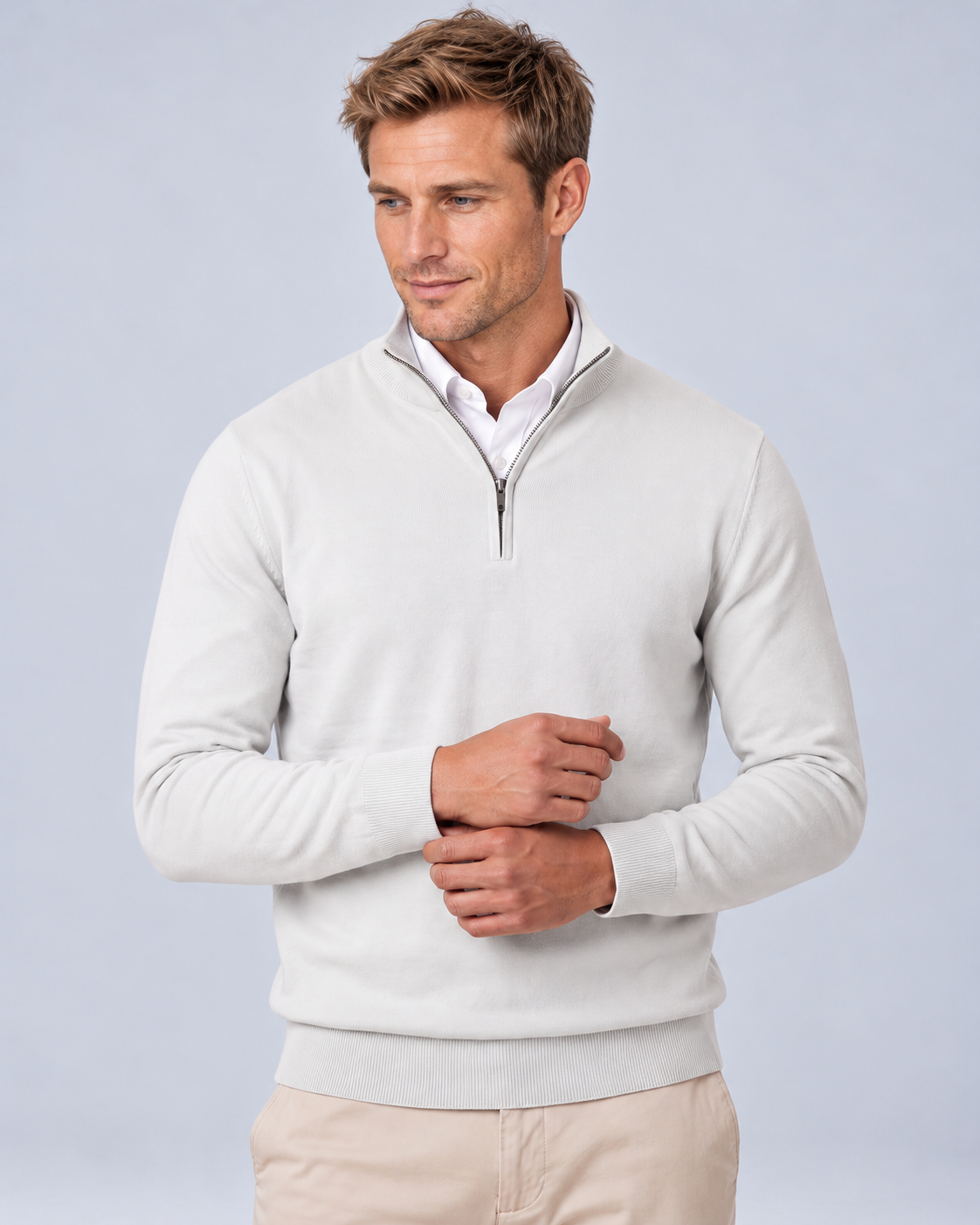 Ellis & Rowe White quarter-zip sweater, white front, ER-M04 studio photograph