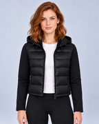 Ellis & Rowe black hybrid hooded jacket, front open, ER-W05 studio photograph