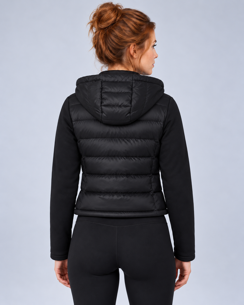 Ellis & Rowe black hybrid hooded jacket, rear, ER-W05 studio photograph