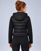 Ellis & Rowe black hybrid hooded jacket, rear, ER-W05 studio photograph