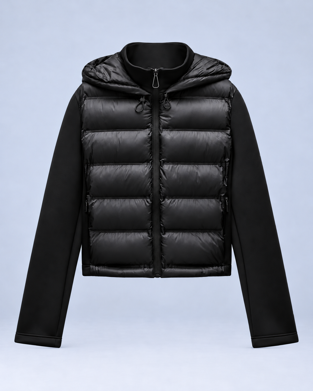 Ellis & Rowe black hybrid hooded jacket, front closed, ER-W05 studio photograph