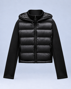 Ellis & Rowe black hybrid hooded jacket, front closed, ER-W05 studio photograph