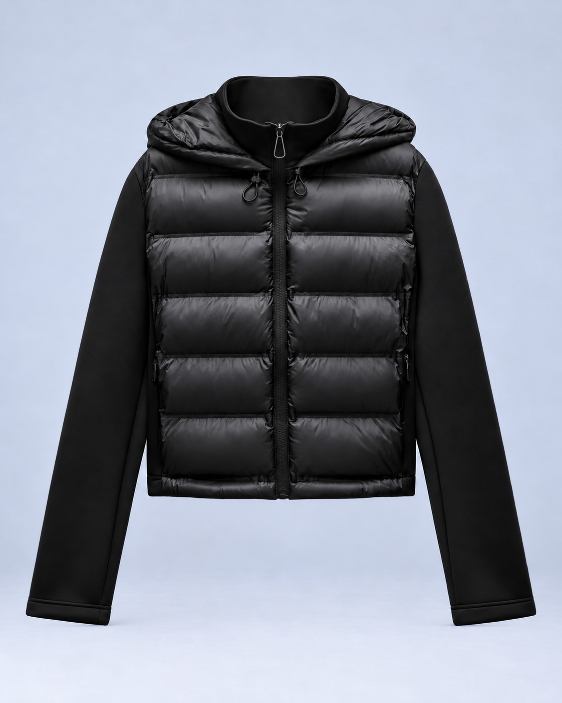 Ellis & Rowe black hybrid hooded jacket, front closed, ER-W05 studio photograph