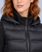 Ellis & Rowe black hybrid hooded jacket, collar detail, ER-W05 studio photograph