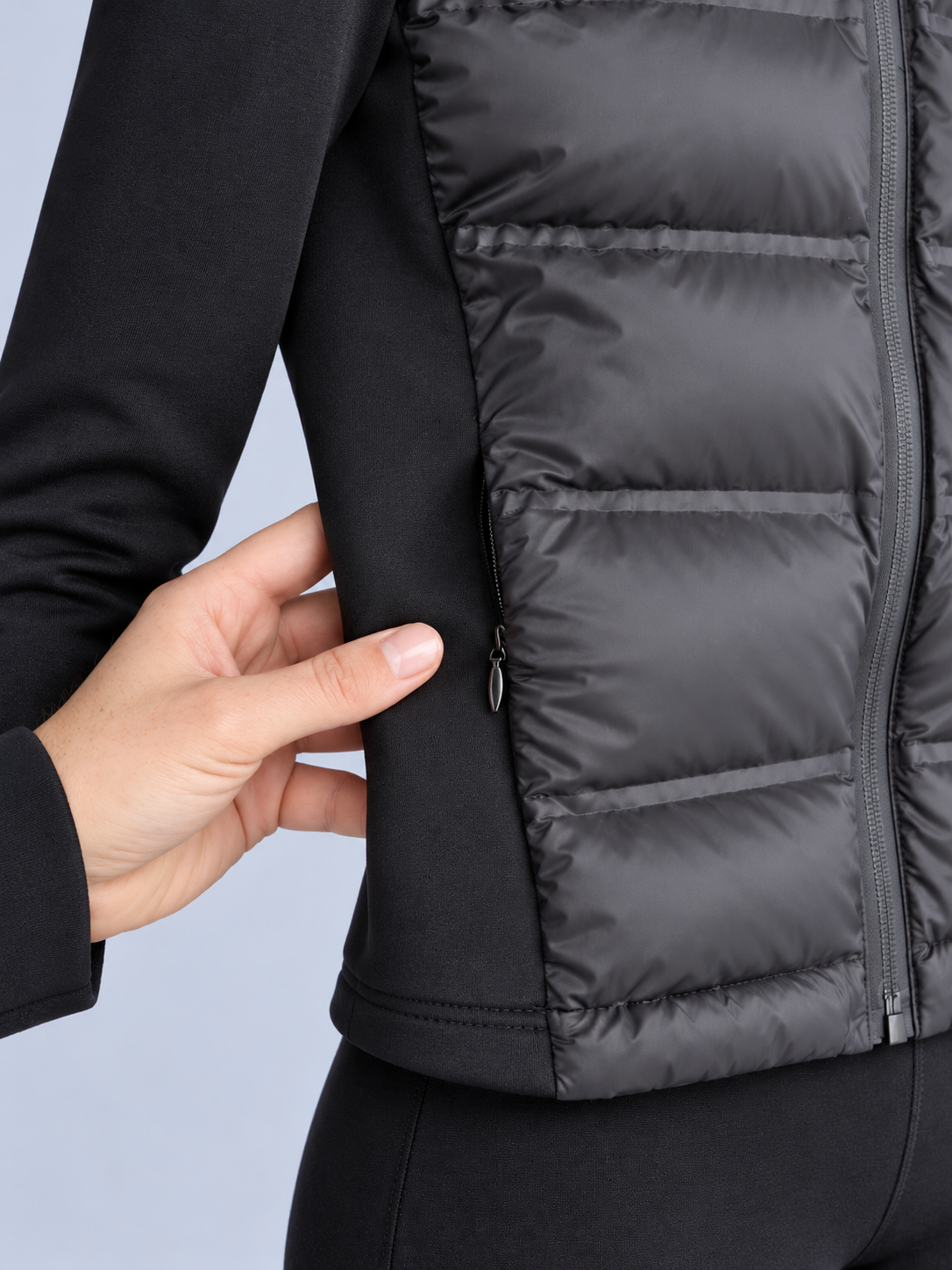 Ellis & Rowe black hybrid hooded jacket, pocket detail, ER-W05 studio photograph