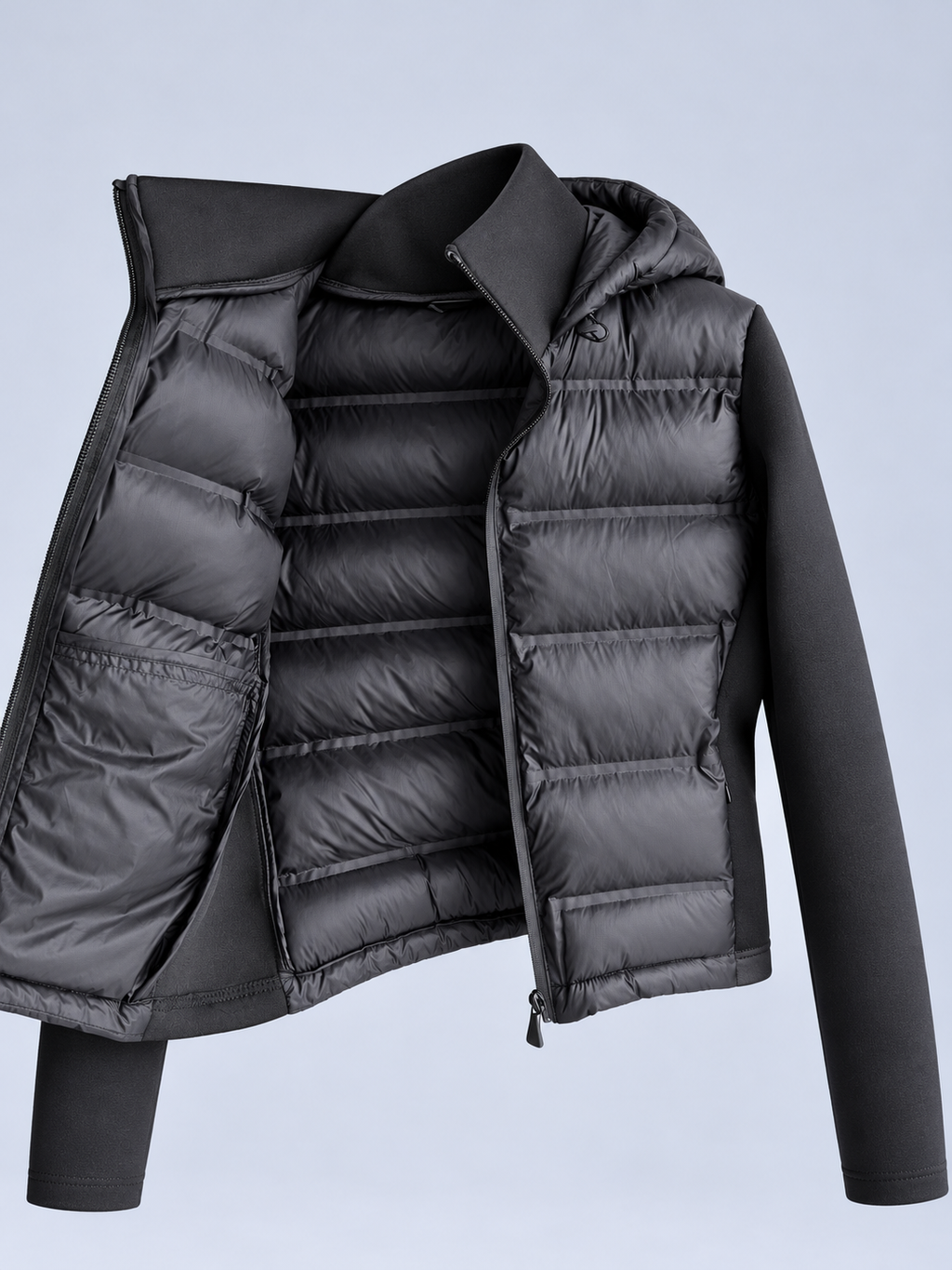 Ellis & Rowe black hybrid hooded jacket, lining detail, ER-W05 studio photograph
