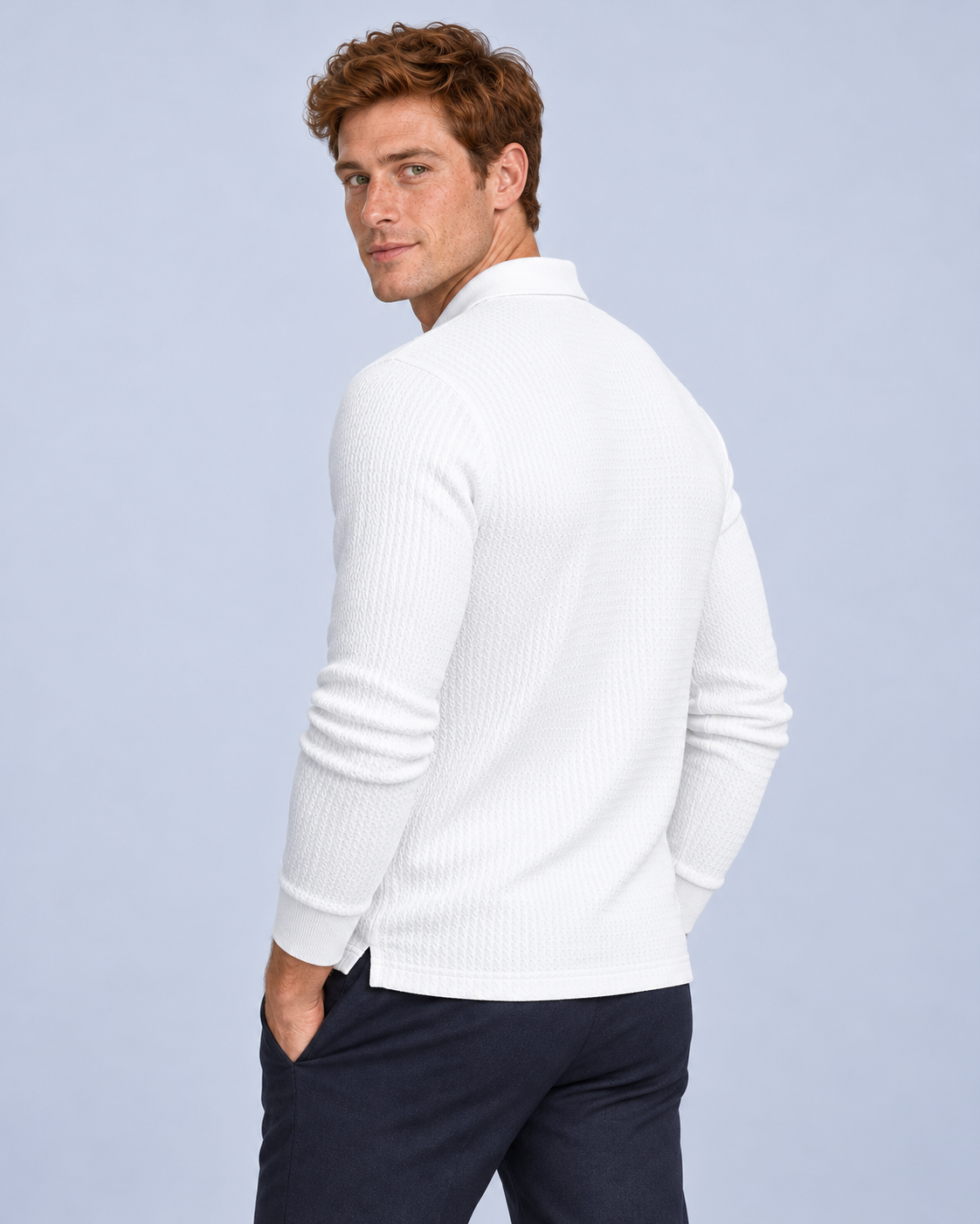 Ellis & Rowe men's long-sleeve polo, white rear, ER-M06 studio photograph