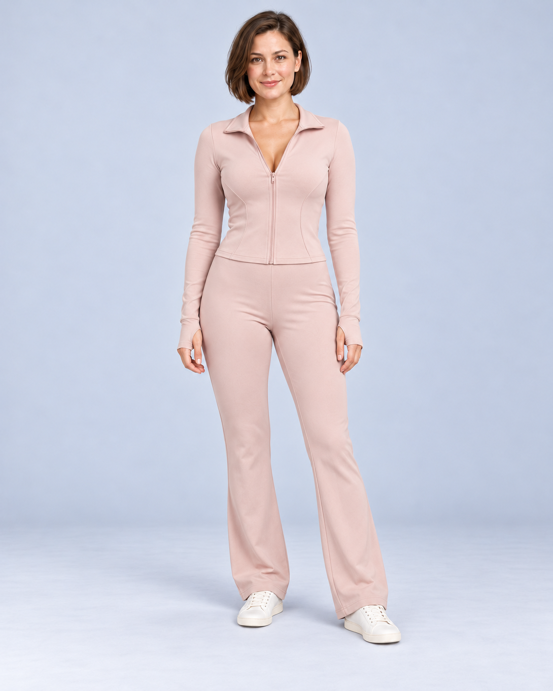 Women's zip top and flared trousers set, Pink, ER-W06 studio photograph
