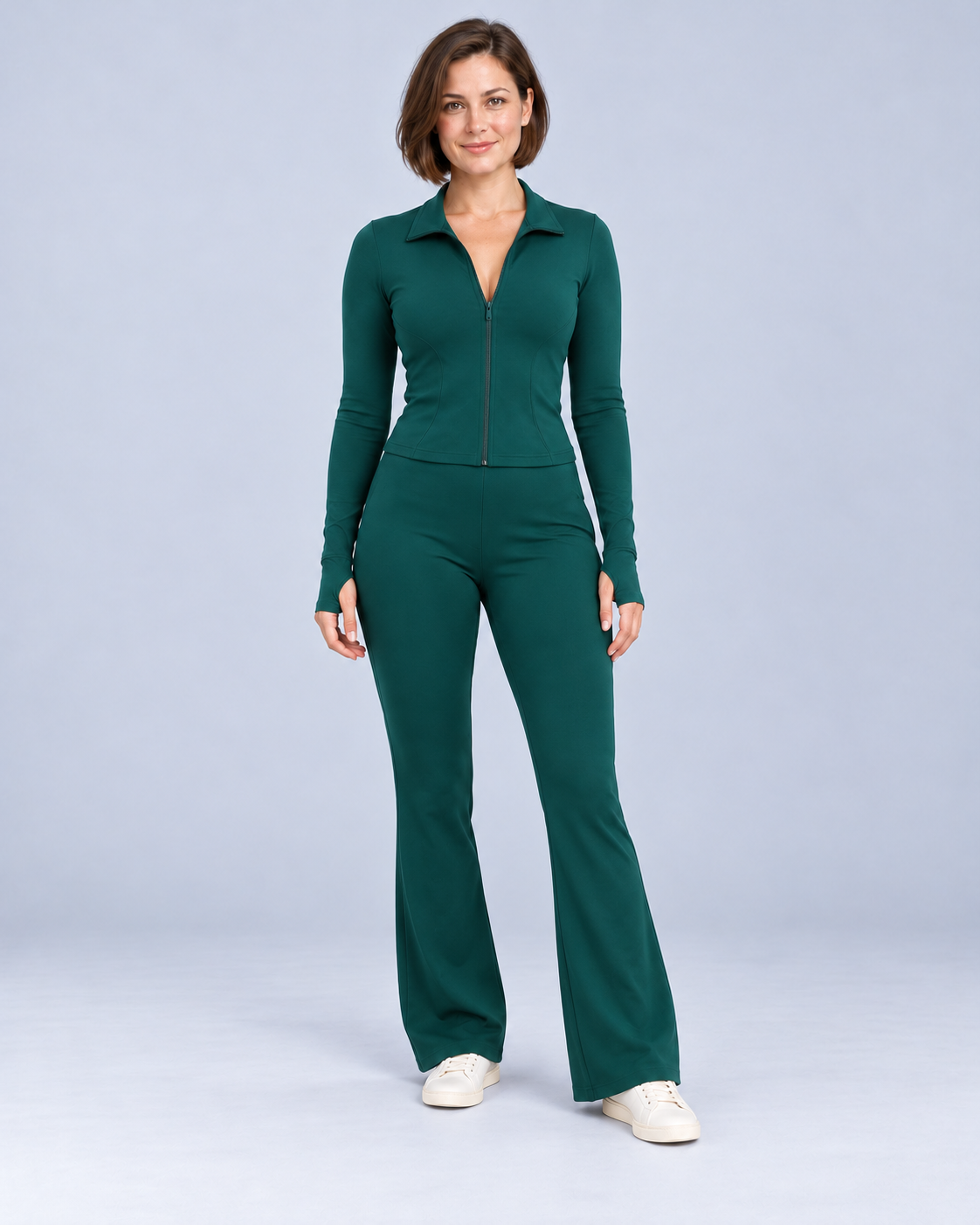 Women's zip top and flared trousers set, Dark Green, ER-W06 studio photograph
