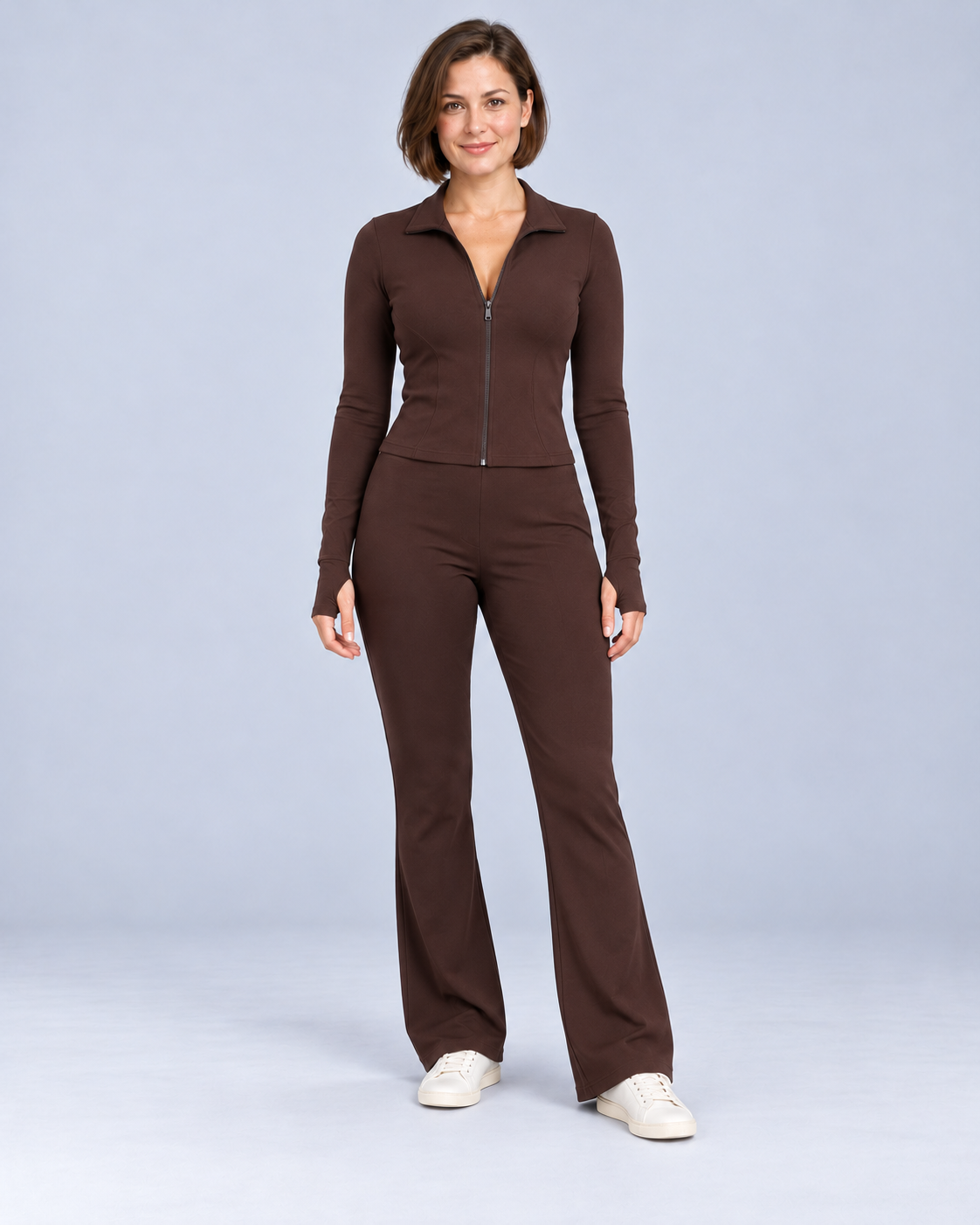 Women's zip top and flared trousers set, Coffee Colour, ER-W06 studio photograph