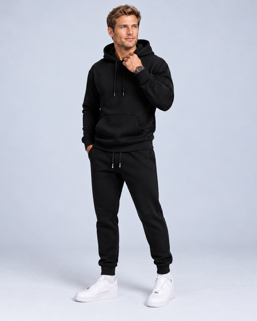 Ellis & Rowe Black hoodie and jogger set, front soft studio photograph