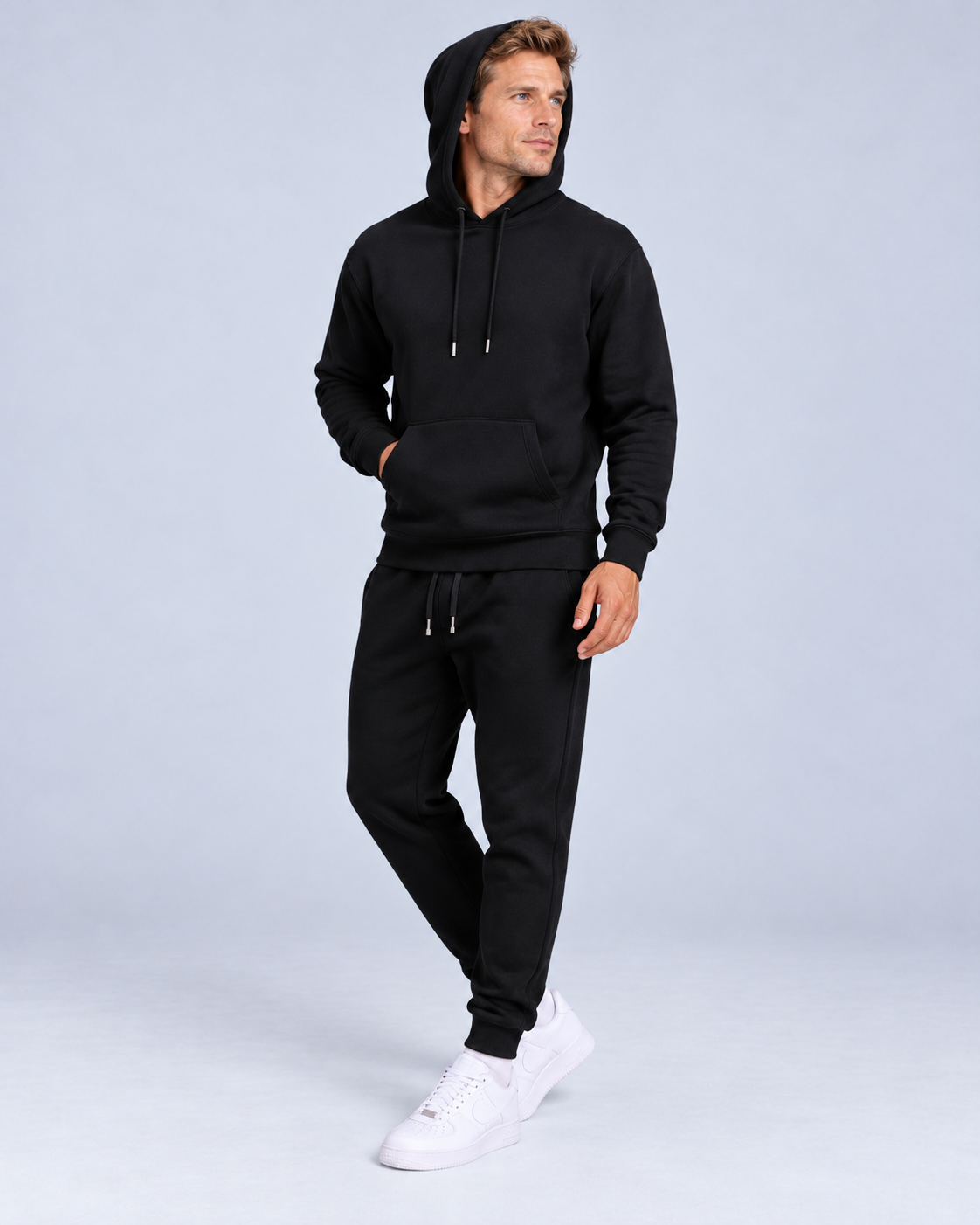 Ellis & Rowe Black hoodie and jogger set, hood soft studio photograph