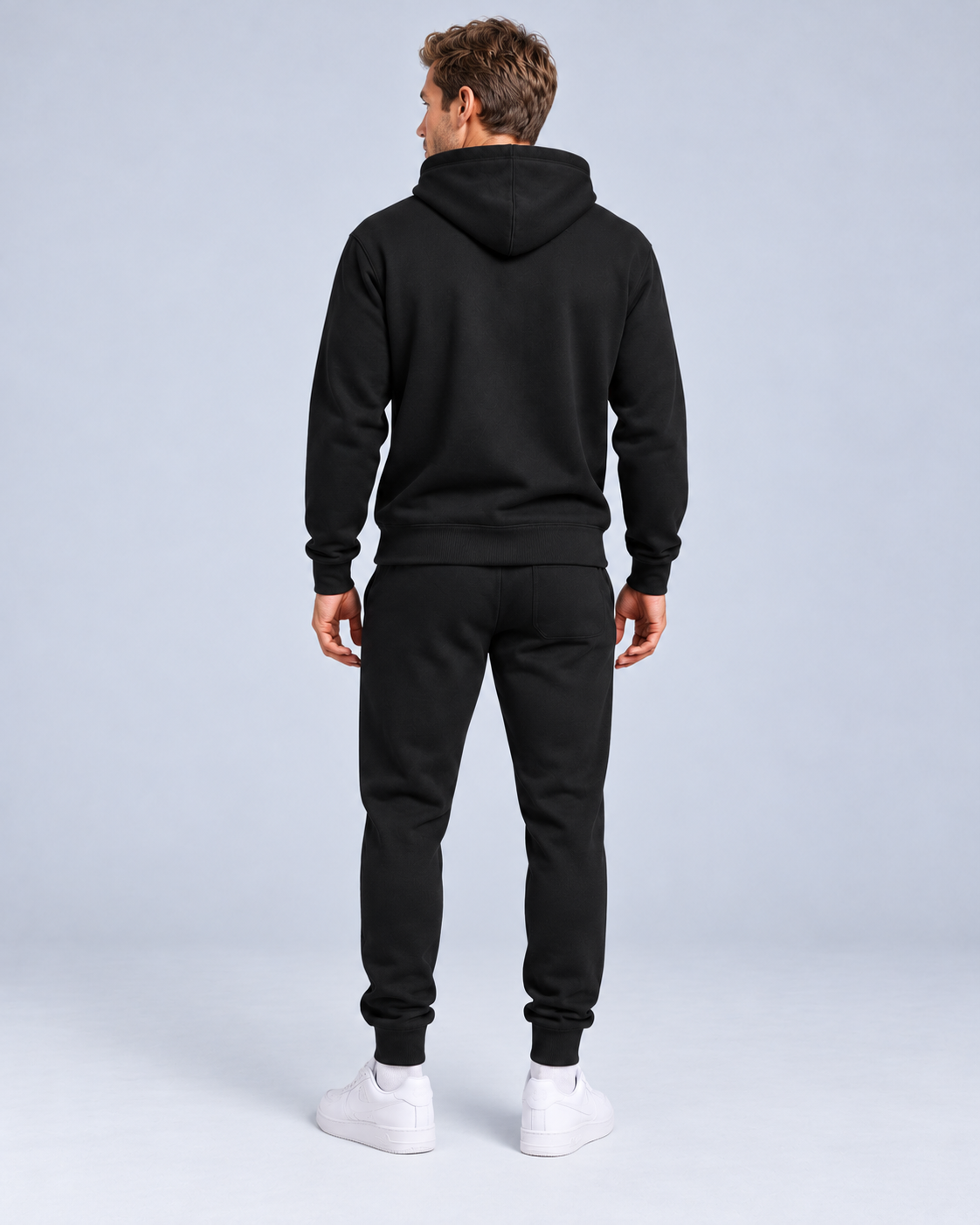 Ellis & Rowe Black hoodie and jogger set, rear soft studio photograph