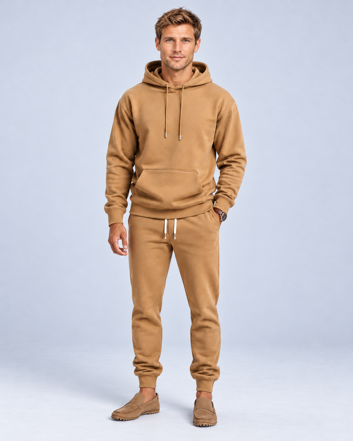 Ellis & Rowe Camel hoodie and jogger set, front soft studio photograph