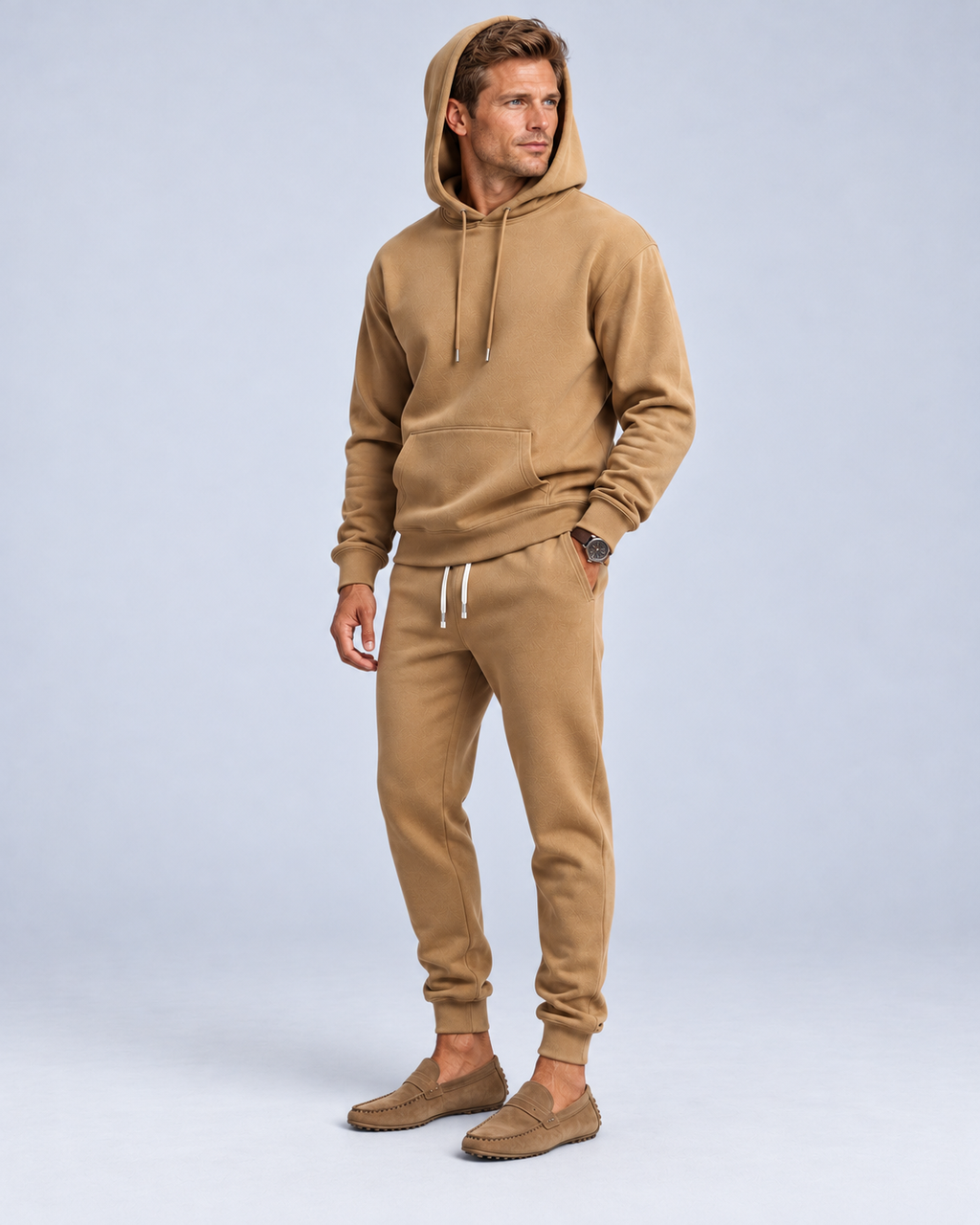 Ellis & Rowe Camel hoodie and jogger set, hood soft studio photograph