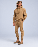 Ellis & Rowe Camel hoodie and jogger set, hood soft studio photograph