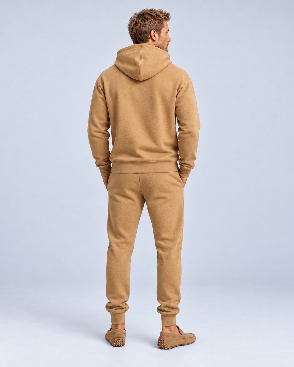 Ellis & Rowe Camel hoodie and jogger set, rear soft studio photograph