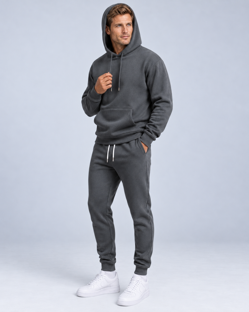 Ellis & Rowe Dark Grey hoodie and jogger set, hood soft studio photograph