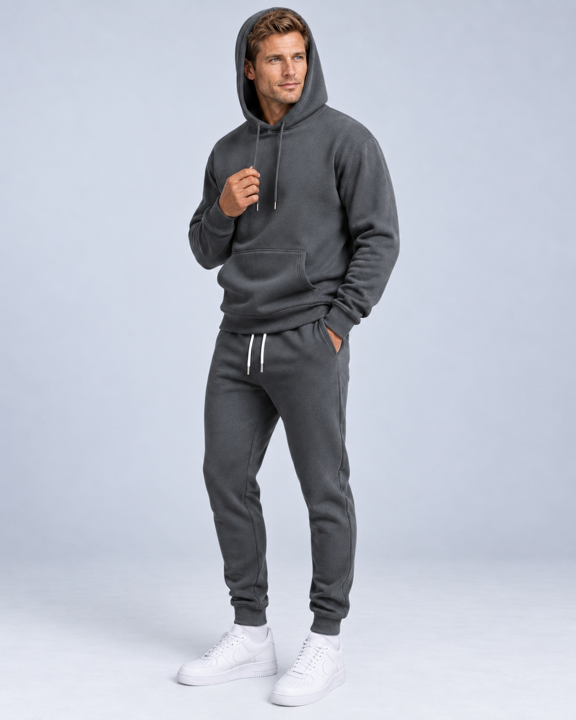 Ellis & Rowe Dark Grey hoodie and jogger set, hood soft studio photograph