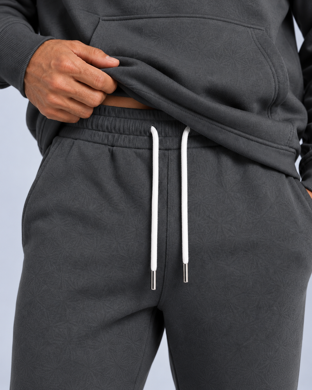 Ellis & Rowe Dark Grey hoodie and jogger set, detail soft studio photograph