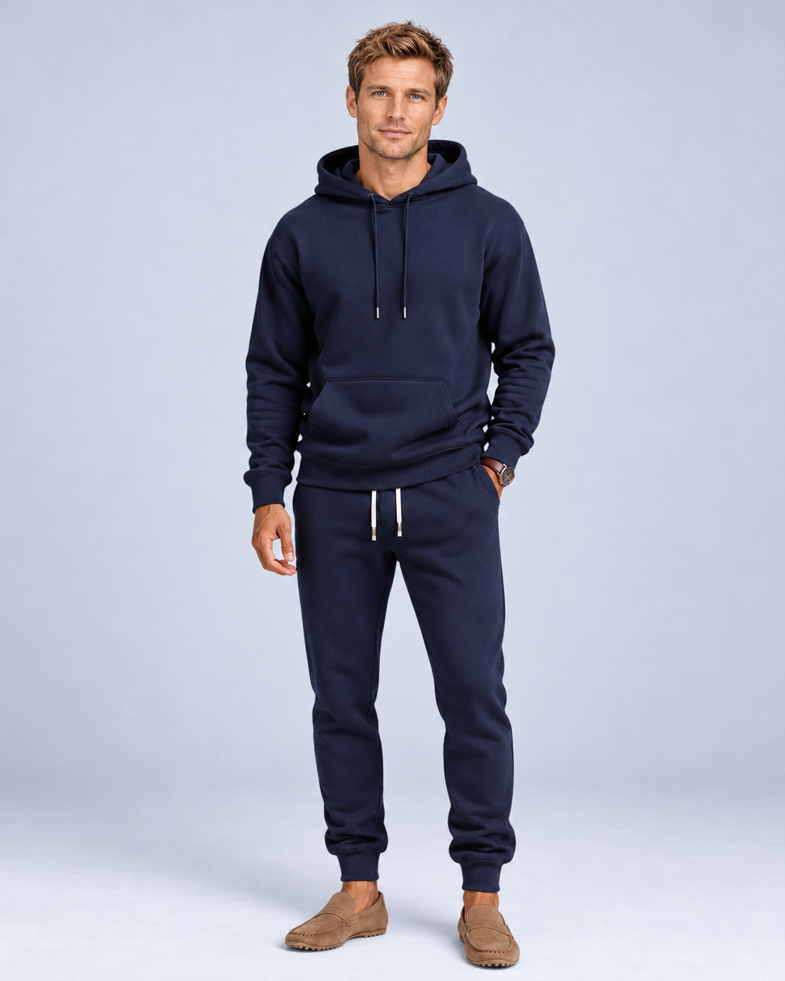 Ellis & Rowe Navy hoodie and jogger set, front soft studio photograph