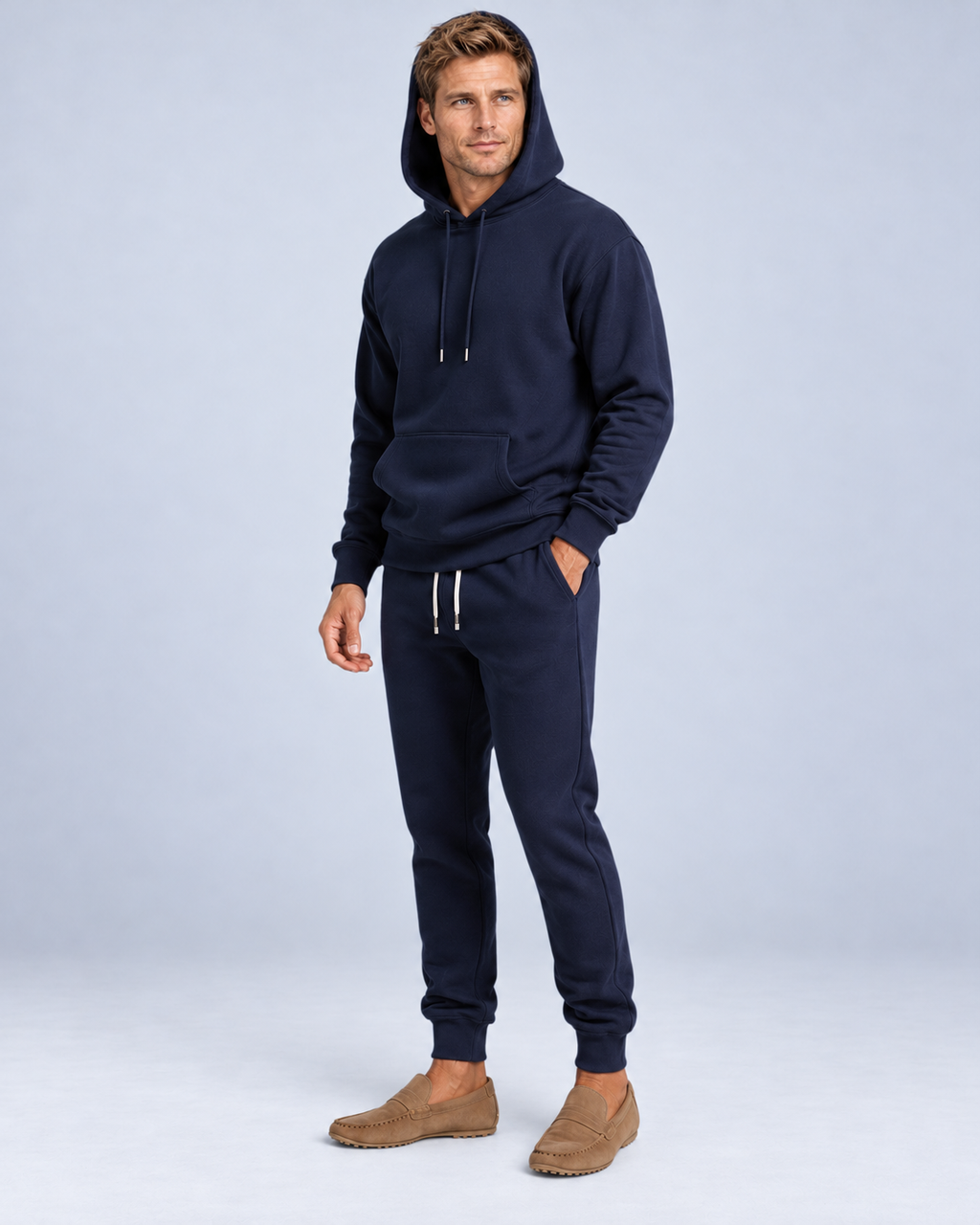 Ellis & Rowe Navy hoodie and jogger set, hood soft studio photograph