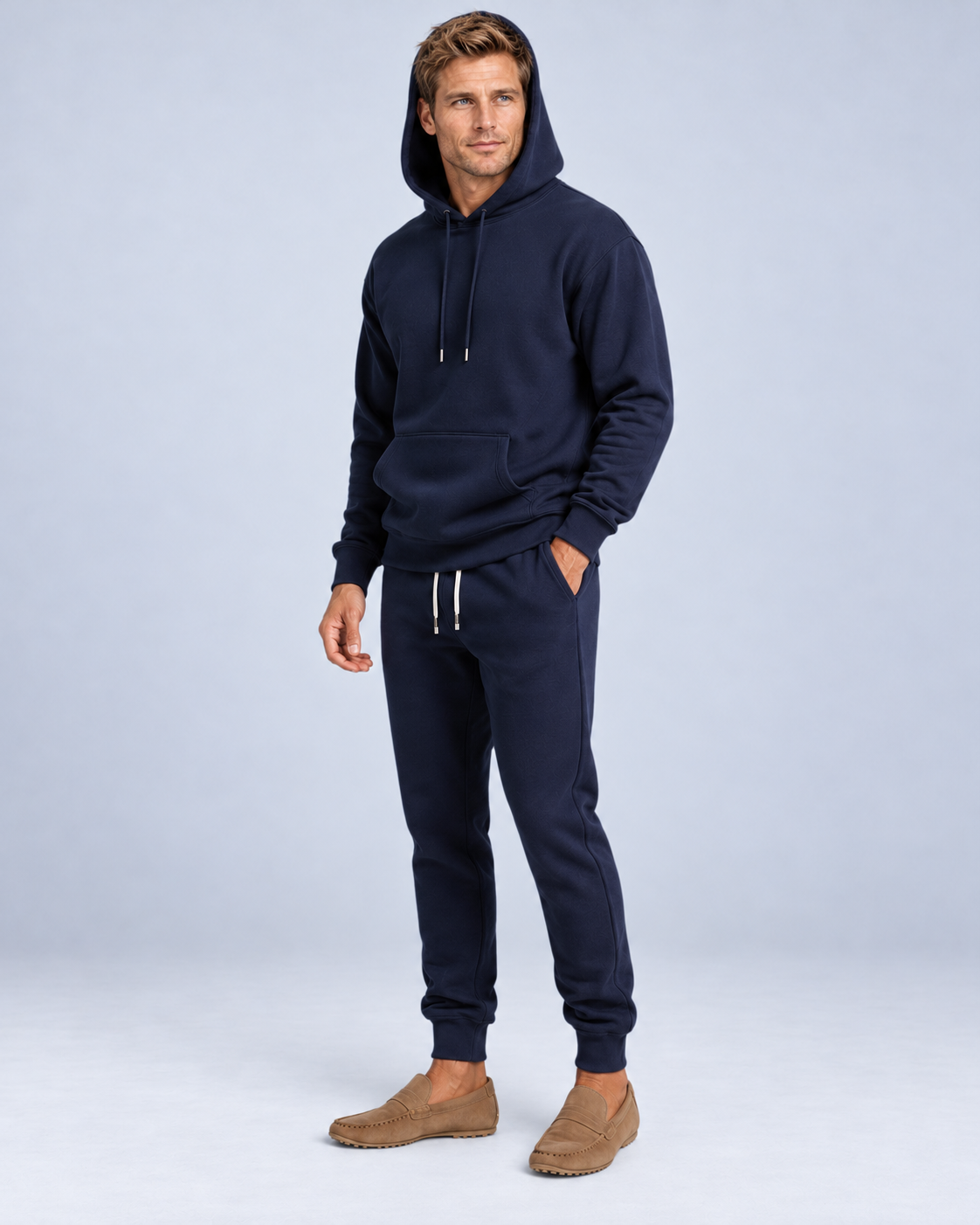 Ellis & Rowe Navy hoodie and jogger set, hood soft studio photograph