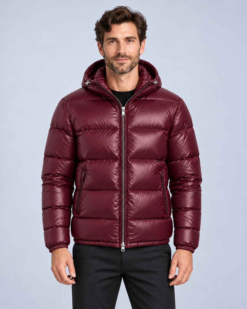 Men's hooded puffer jacket, burgundy front, ER-M05 studio photograph
