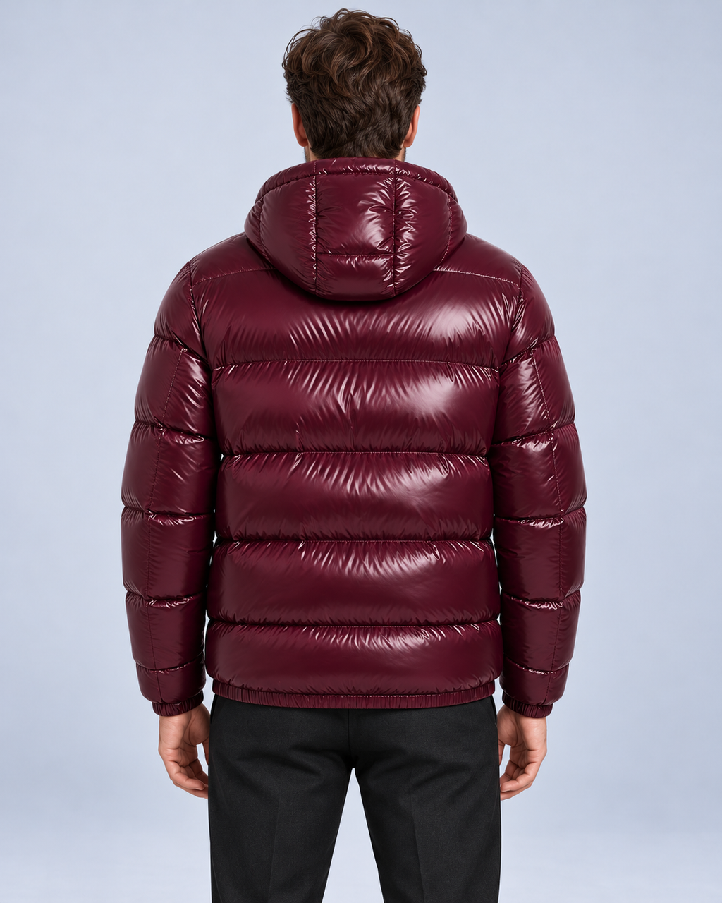 Men's hooded puffer jacket, burgundy rear, ER-M05 studio photograph