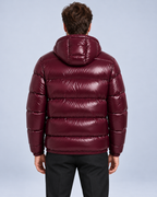 Men's hooded puffer jacket, burgundy rear, ER-M05 studio photograph