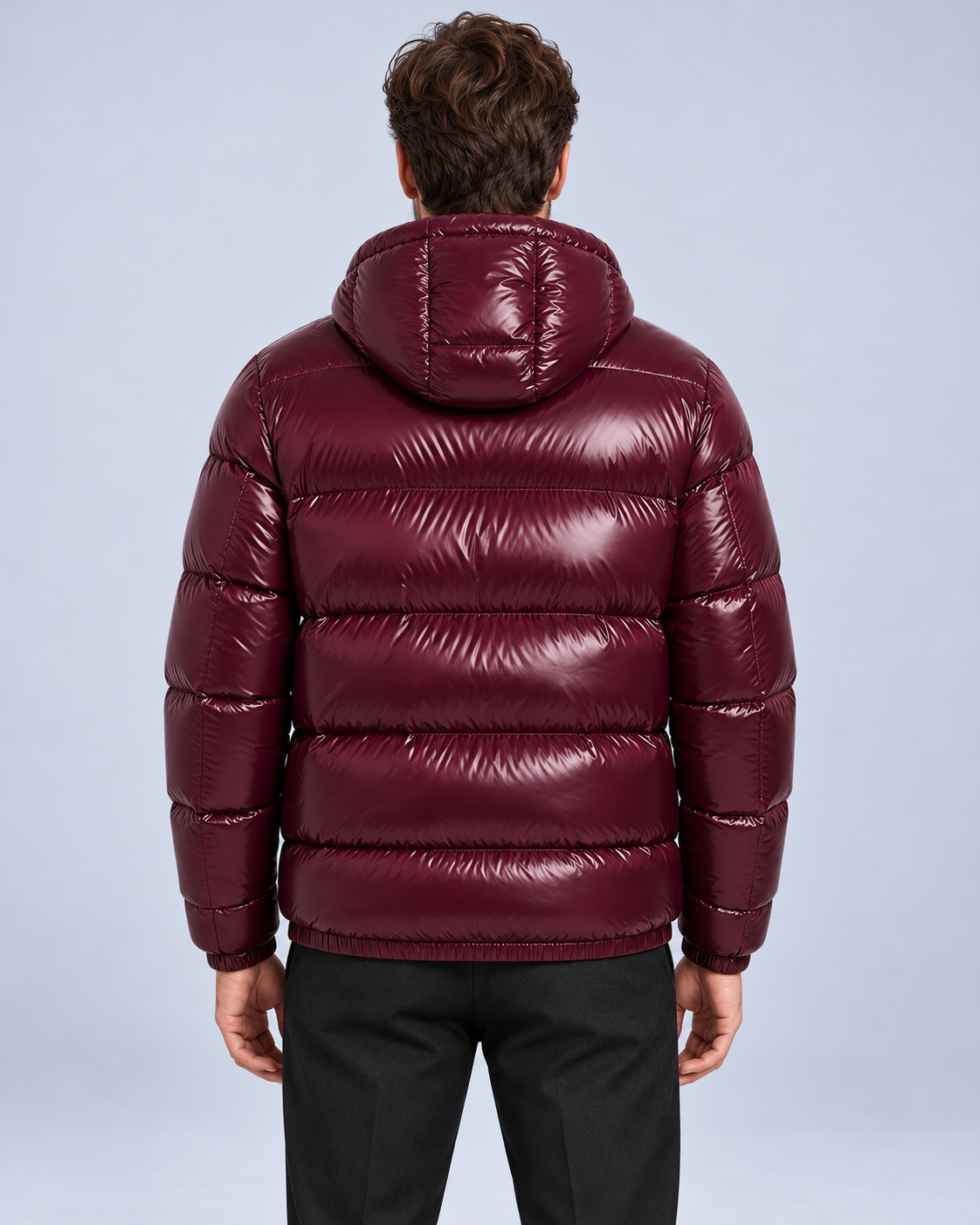 Men's hooded puffer jacket, burgundy rear, ER-M05 studio photograph