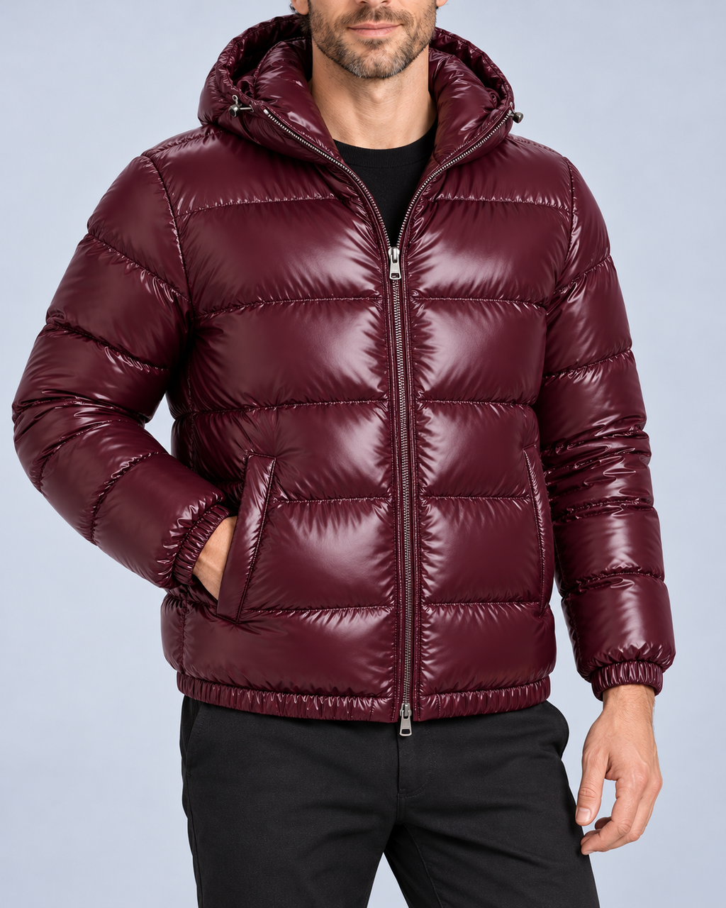 Men's hooded puffer jacket, burgundy detail, ER-M05 studio photograph