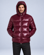 Men's hooded puffer jacket, burgundy hood, ER-M05 studio photograph