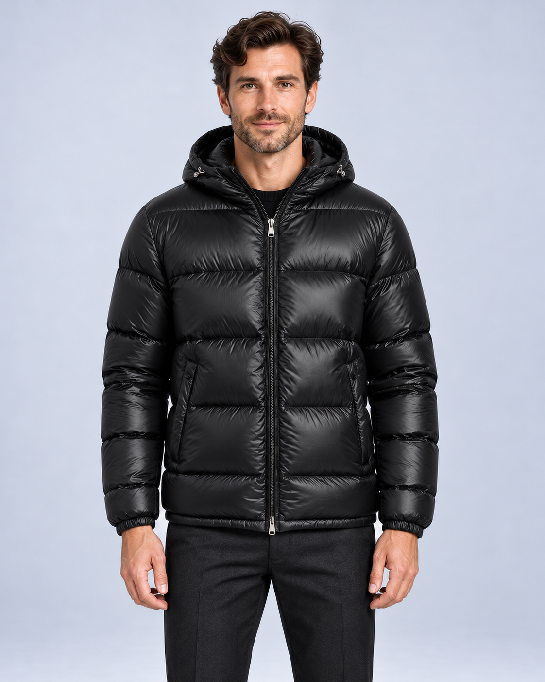 Men's hooded puffer jacket, black front, ER-M05 studio photograph