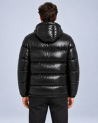 Men's hooded puffer jacket, black rear, ER-M05 studio photograph