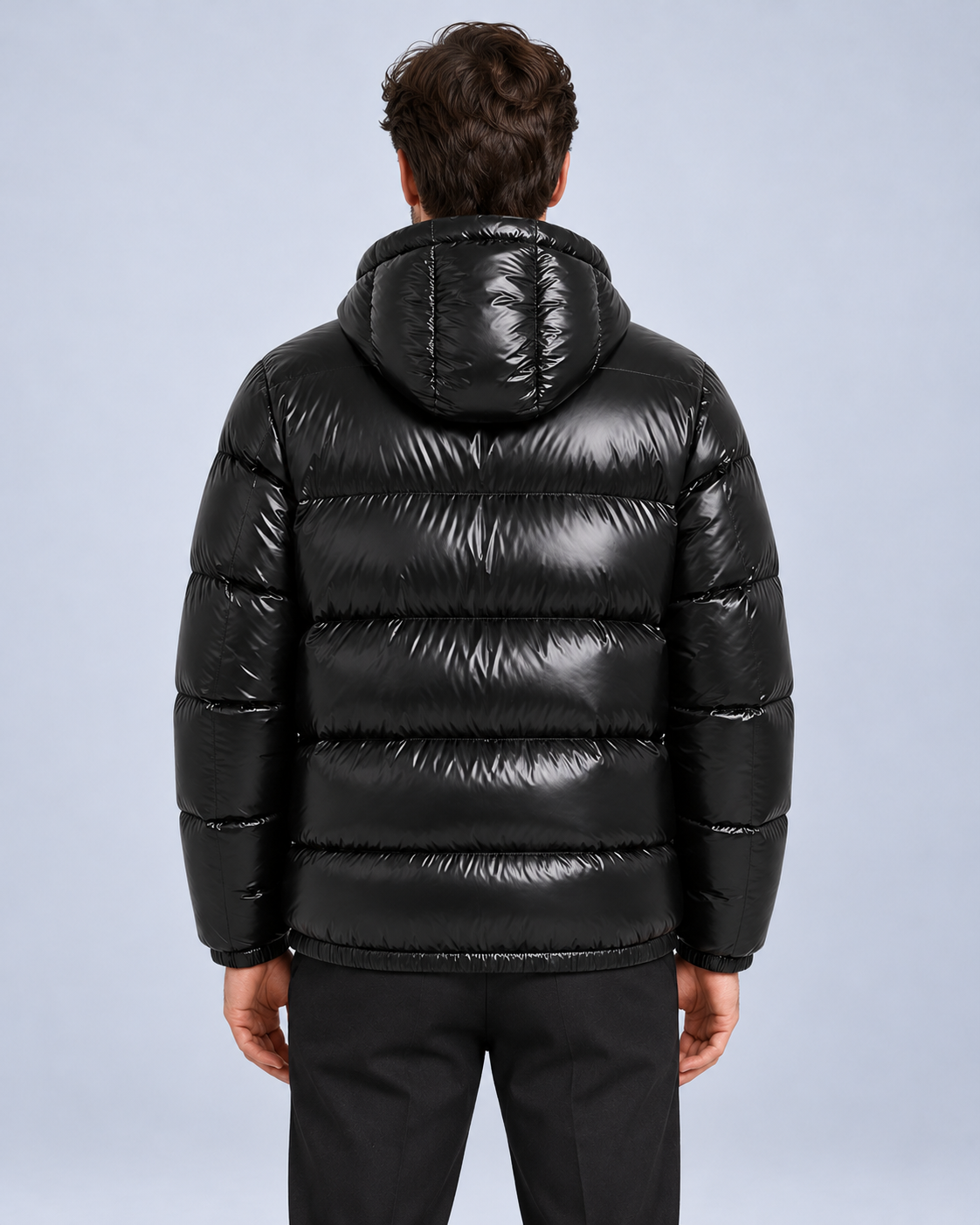 Men's hooded puffer jacket, black rear, ER-M05 studio photograph