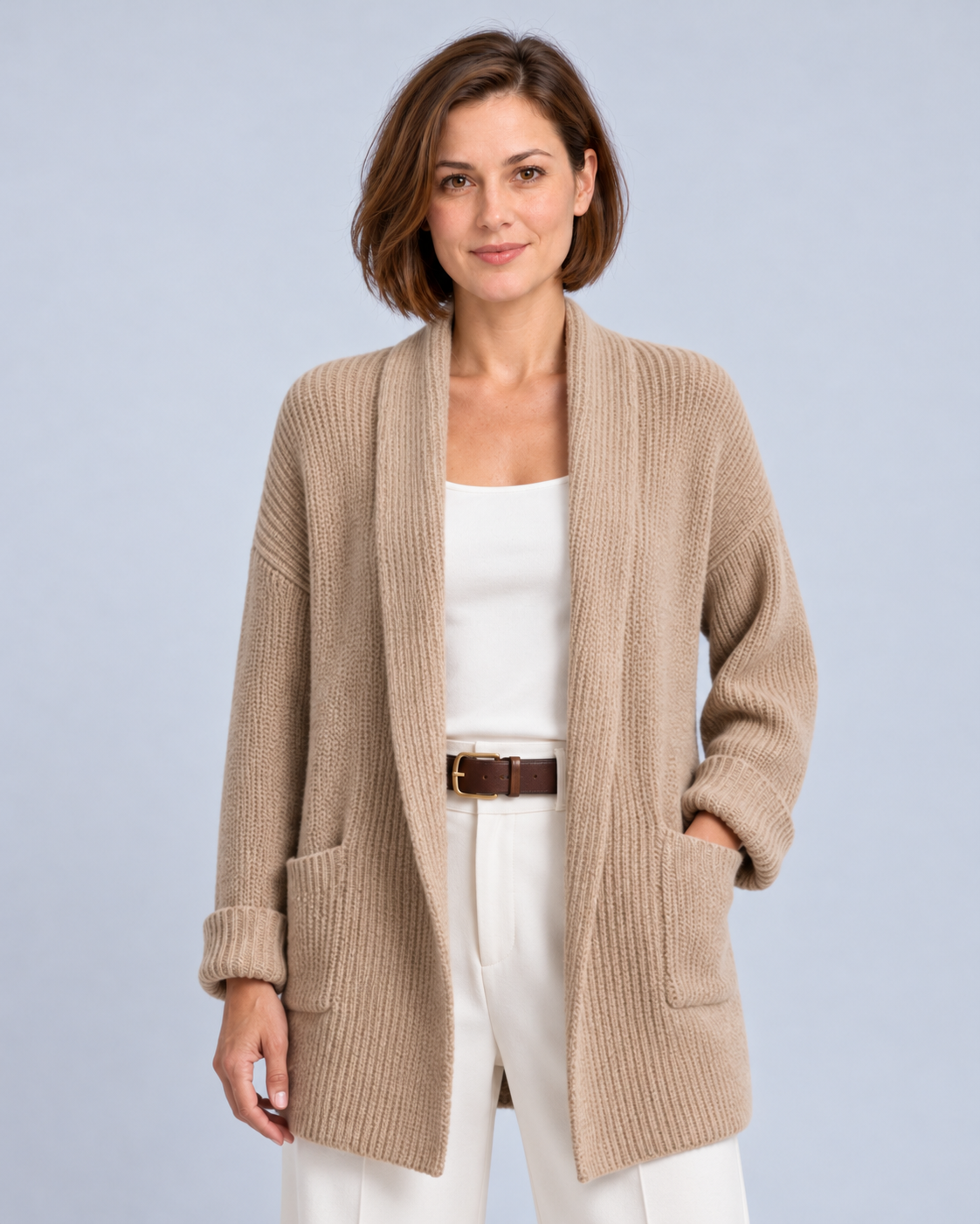 Ellis & Rowe Brown open front knit cardigan, ER-W06 studio view 01