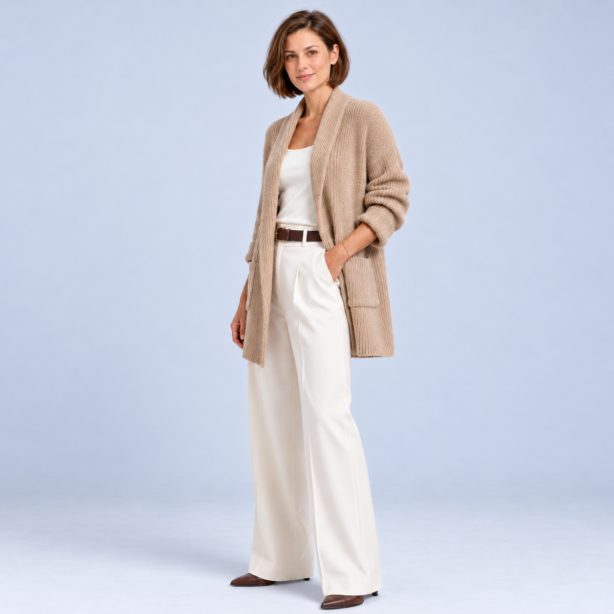 Ellis & Rowe Brown open front knit cardigan, ER-W06 studio view 02