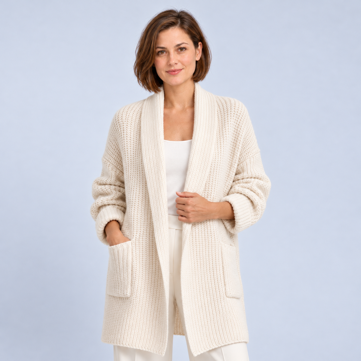 Ellis & Rowe Beige open front knit cardigan, ER-W06 studio view 06