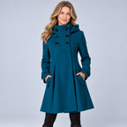 Ellis & Rowe Teal hooded A-line coat, ER-W04 studio view 01