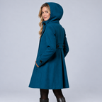 Ellis & Rowe Teal hooded A-line coat, ER-W04 studio view 02